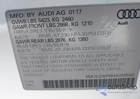 2017 Audi Q5 2.0T Premium z USA, uszkodzony, nr VIN WA1L2AFP8HA096560